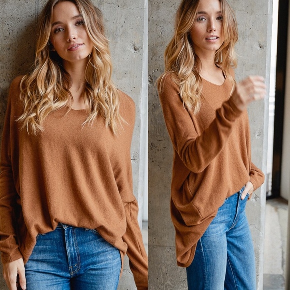 Cozy Camel V neck Oversized Sweater Top - Picture 2 of 4